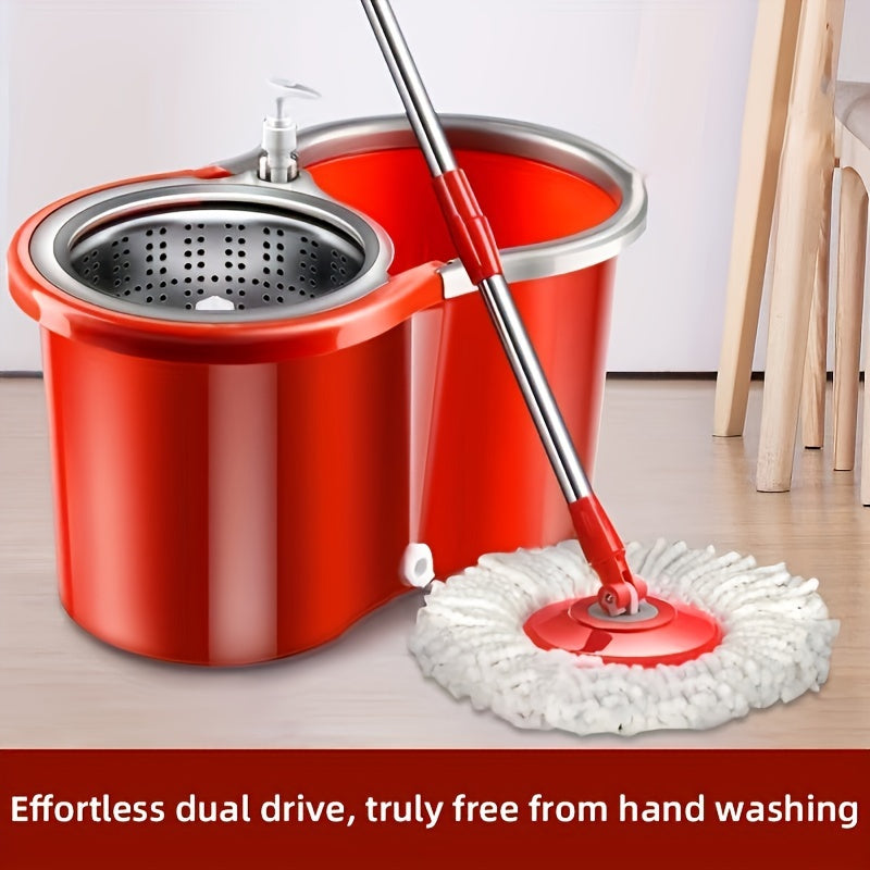 No-Electricity Stainless Steel Spin Mop and Bucket Set with 3 Microfiber Heads - Easy Dual Drive, Hands-Free Cleanliness, Mop for Dry and Wet Cleaning, Great for Hardwood, Laminate, Tile Floors in Any Room. Perfect for Home and Office Cleaning Needs.