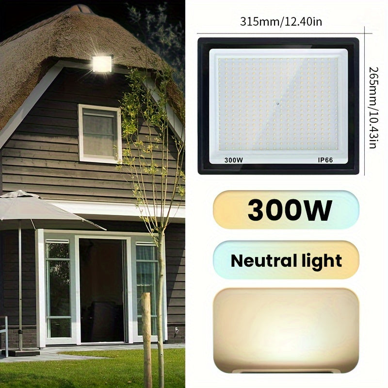 Aluminum LED floodlight suitable for outdoor use, ranging from 10-300W. Ideal for garden or playground lighting.