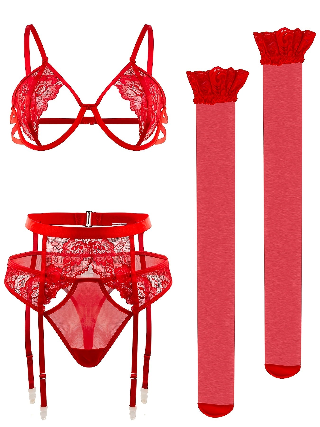 4-piece lace lingerie set for women, made of high support polyester and spandex. Features solid color knit fabric with contrast lace detail. Includes briefs, garter belt, suspenders, and