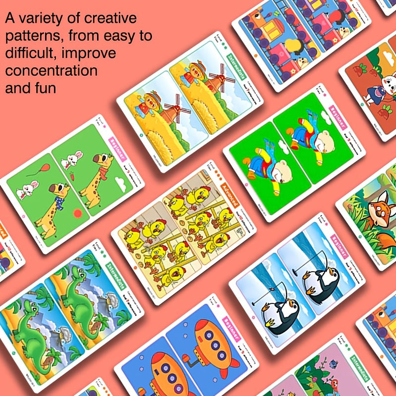 Fun and educational spot the difference game featuring 36 cards with monkey illustrations. Includes marker pen to improve focus and learning. Perfect gift for youngsters, colorful patterns