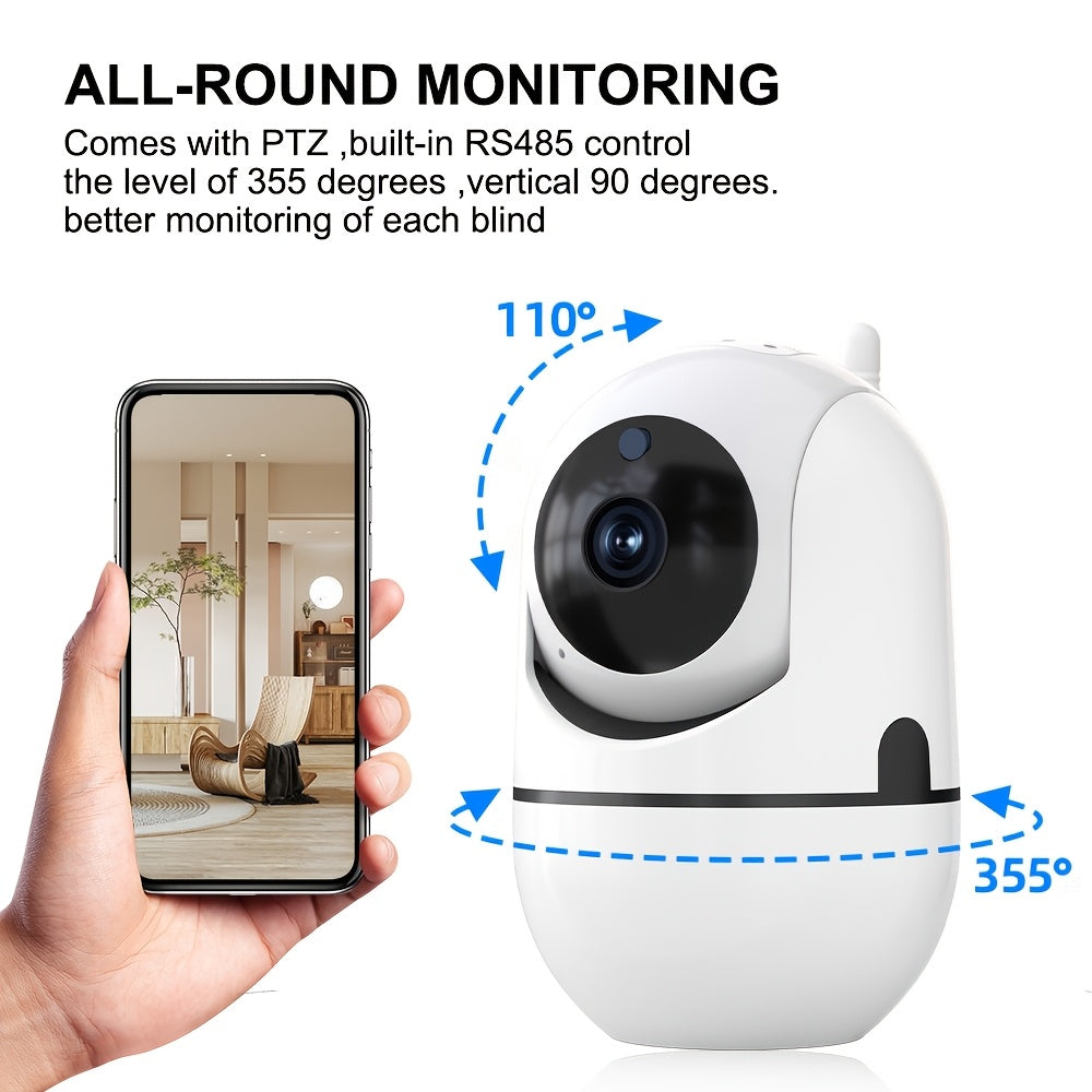 The WJG HD 1080P Wireless Security Camera offers AI Smart Human Tracking, Motion Detection, Alarm Push notifications, PTZ capability, Two-Way Audio communication, for both indoor and outdoor use. It is USB powered and compatible with smartphones.