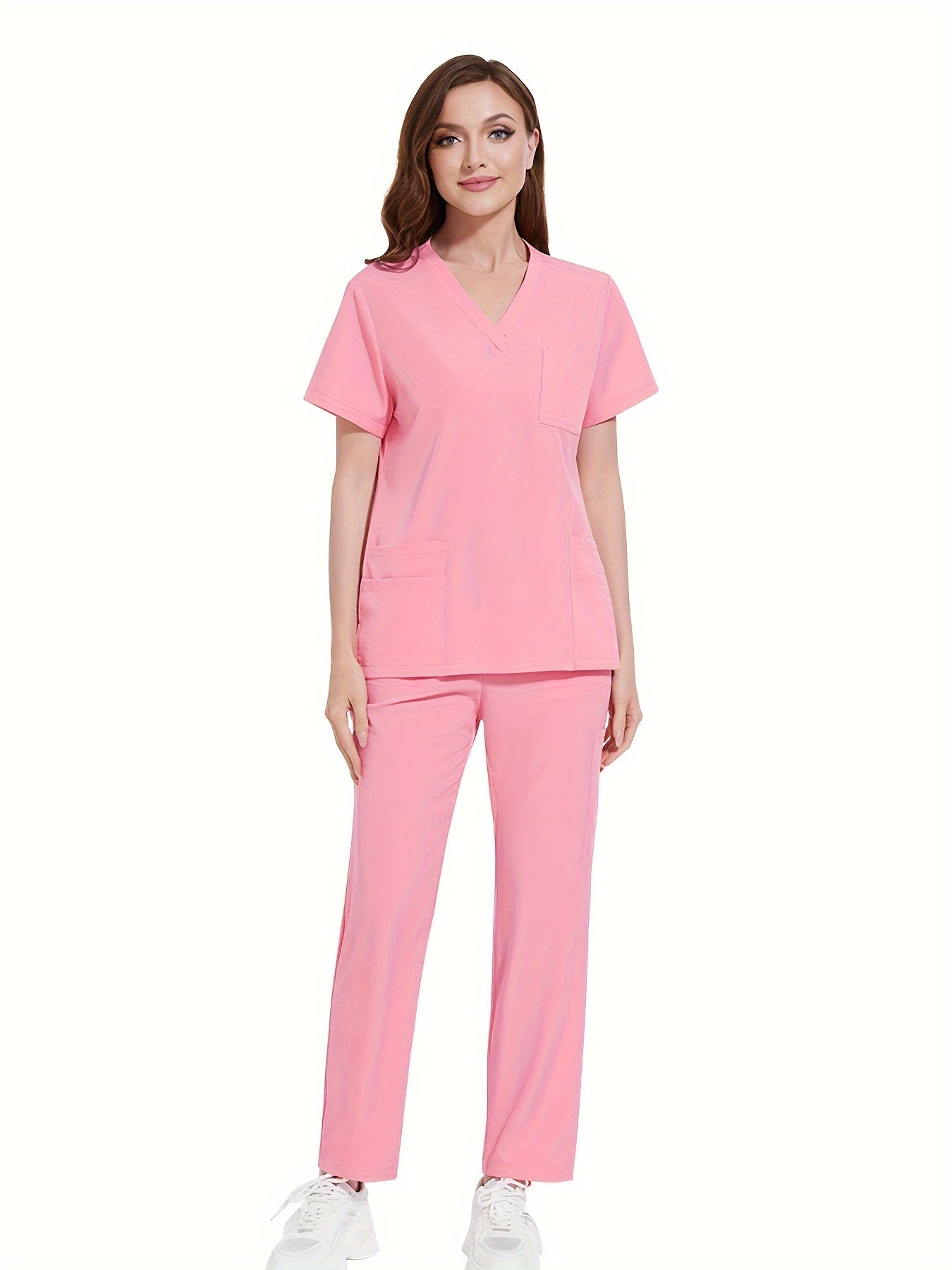 Premium polyester spandex scrubs set with V-neck shirt and straight-leg pants for nurses and surgeons.