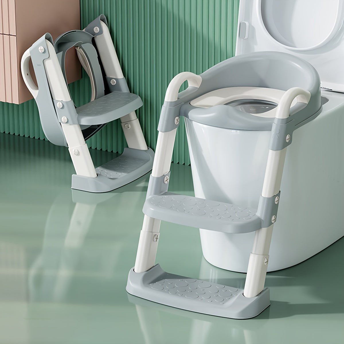 Adjustable height step stool with safety handles for kids potty training, featuring a ladder and foldable plastic chair suitable for boys and girls.