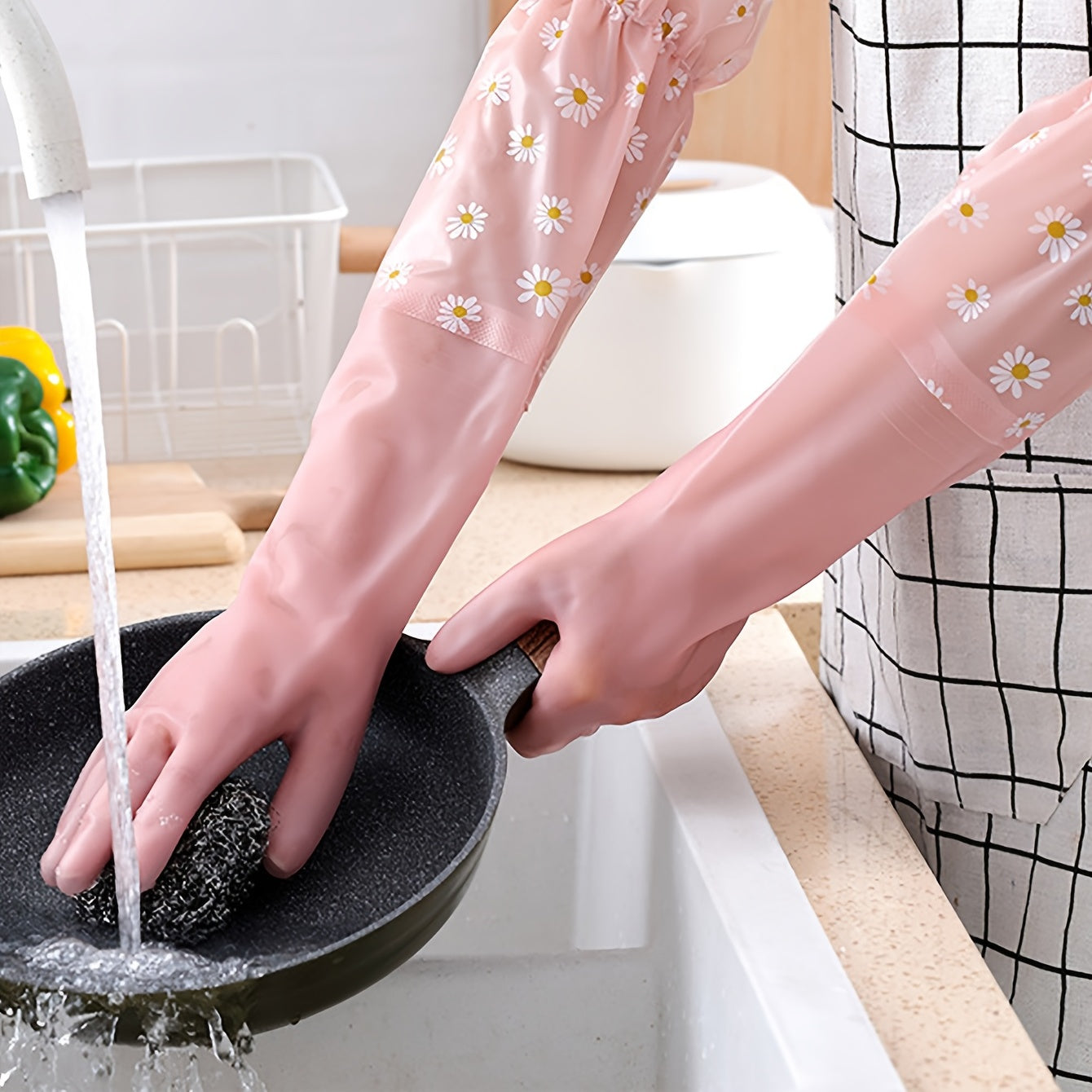 Get a pair of durable Extended Silicone Gloves - Waterproof and Latex-Free for use in the Kitchen, Bathroom, and Toilet. These Lead-Free Household Cleaning Supplies are perfect for all your cleaning needs.