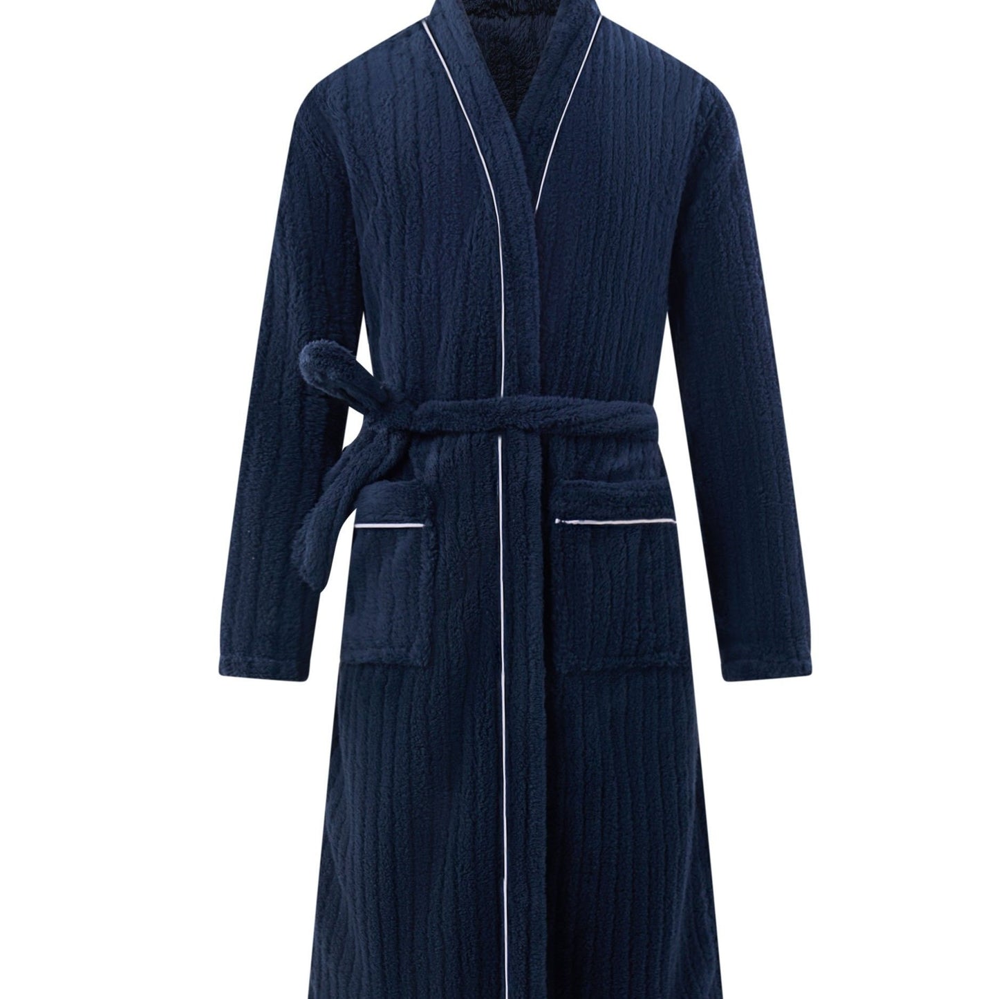 Men's Long Bathrobe - Winter Fleece, V-Neck, Belted, Hand Washable, Knitted Fabric