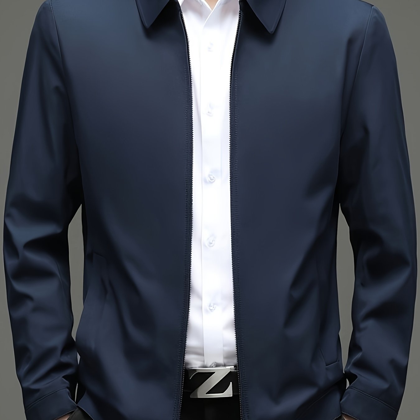 Elderly men's casual business jacket made of non-stretch polyester in solid color, suitable for spring/autumn with pockets.