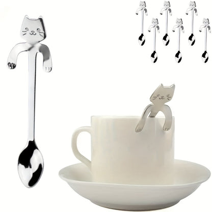 Set of 6 adorable cat-shaped stainless steel spoons perfect for coffee, tea, and desserts. Great for home use, kitchen, or restaurant. Dishwasher safe and ideal for gifting during the holidays.