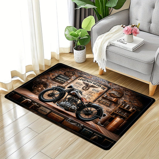 Flannel Floor Mat for Retro Motorcycle Club - Non-Slip, Washable, Great for Living Room & Bedroom Decor, Perfect for Thanksgiving Home Decor.