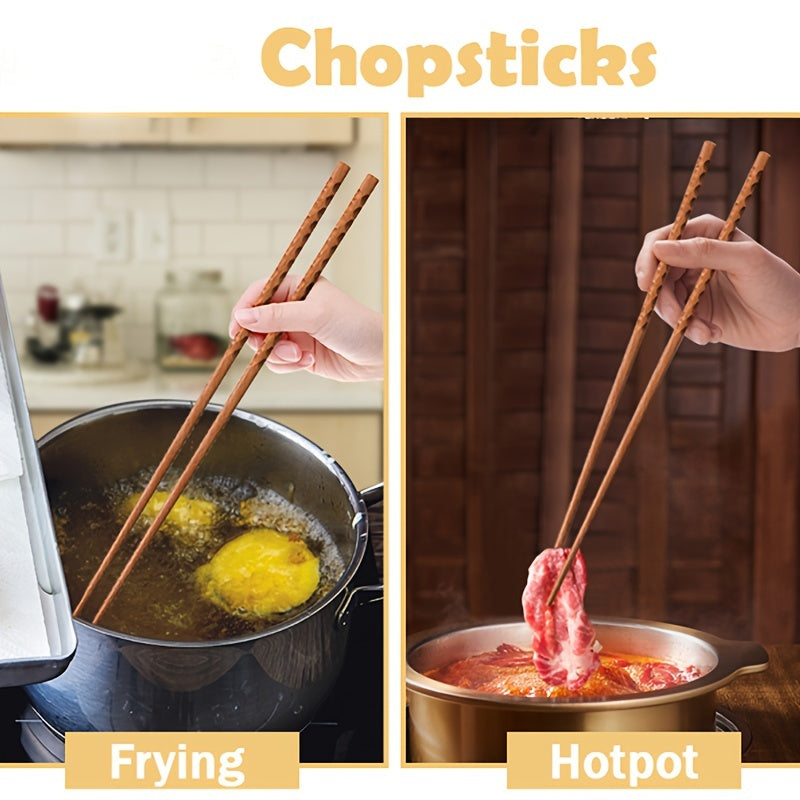 2 long wooden cooking chopsticks, reusable for noodle frying and chafing dishes. Super long kitchen cooking sticks.