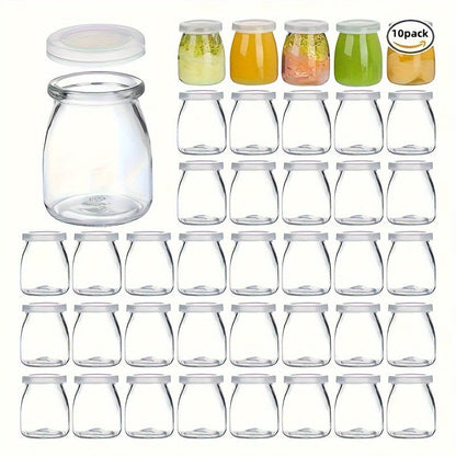 A set of 10 glass Mason jars with flip-top lids, perfect for storing yogurt, pudding, jam, mousse, honey, and more in the kitchen. Each jar holds 4oz and is reusable. These round glass containers are freezer and dishwasher safe, ideal for organizing and