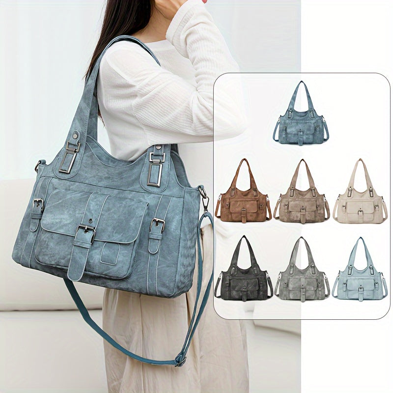 Vintage-style women's tote bag with detachable shoulder strap, synthetic leather, multiple compartments, zip closure in various colors.