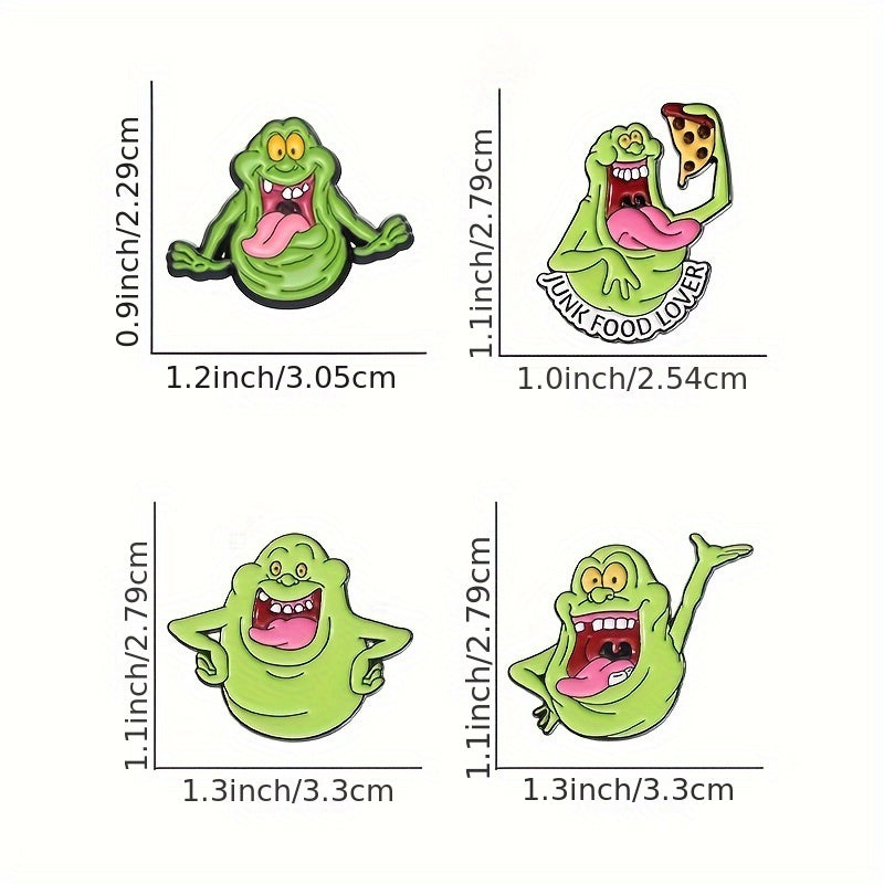 Набор из 4 значков с мультяшными милыми зелеными монстрами - изготовлены из сплава, милый мультяшный дизайн, броши в форме животных для модных друзей и семьи. Идеально подходят для праздничных аксессуаров одежды.