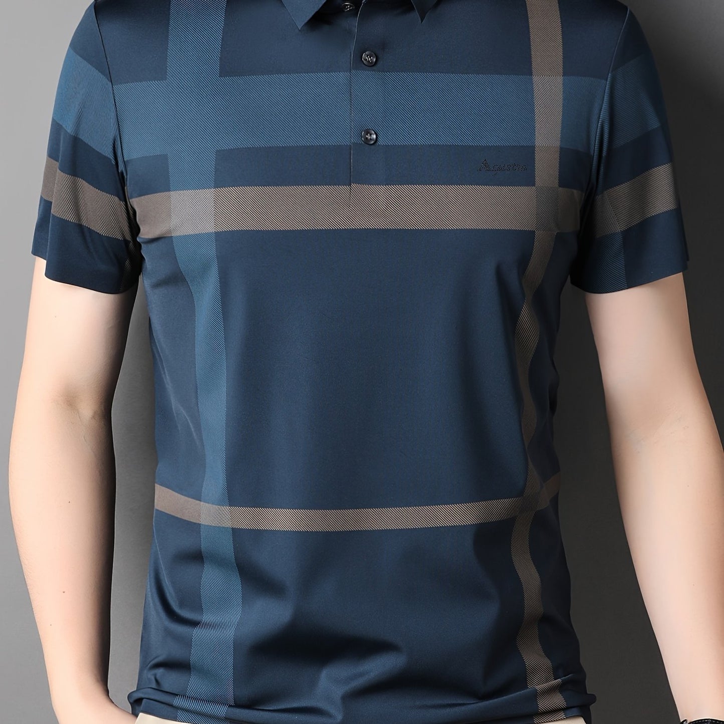 Summer plaid men's shirt with short sleeves, made of nylon blend stretch fabric that is not transparent.