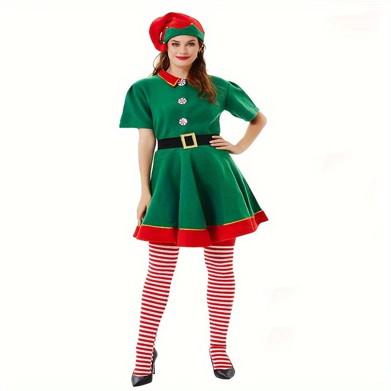 Set of 4 Women's Christmas Elf Costume Pieces Includes Polyester Party Dress, Hat, Socks, and Belt. Features No Print Design, Hand Wash Only. Perfect Festive Holiday Outfit.