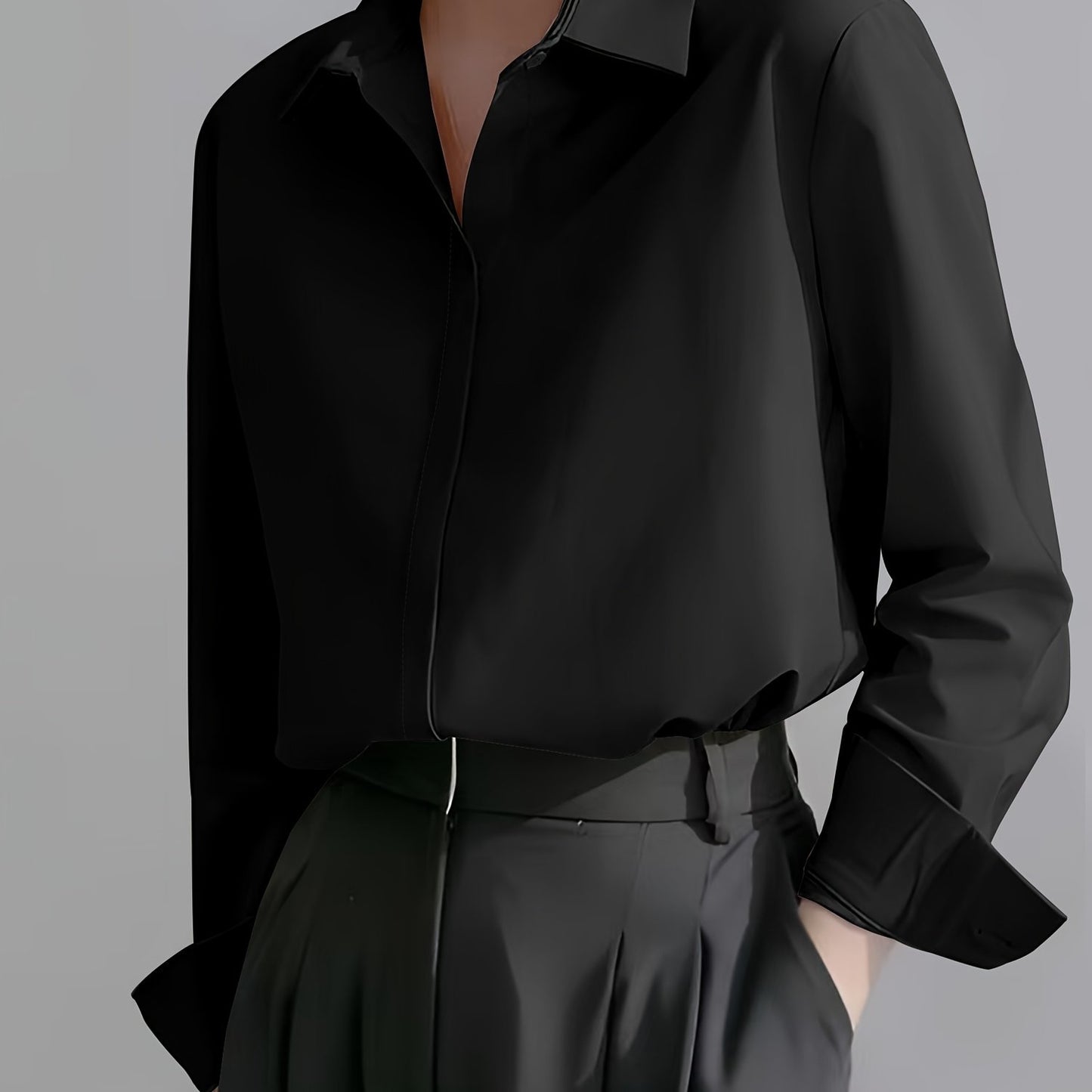 Professional women's long sleeve shirt in solid color, woven polyester with a pointed collar and open front, suitable for all seasons.