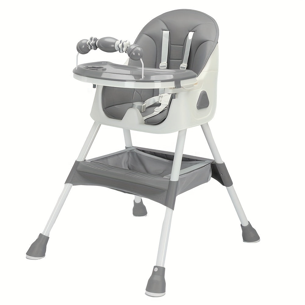 The Modern Portable Children's High Chair is a versatile and adjustable eating and playing chair with a table attachment for toddlers. It is designed to provide a high seat for infants and babies during mealtime, complete with a food plate. It makes a