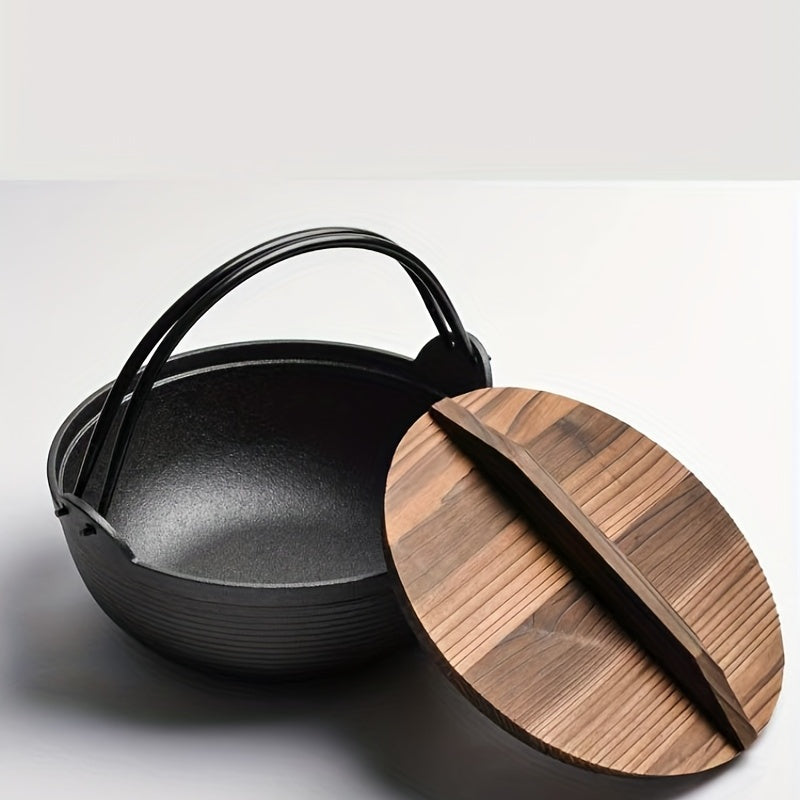 Japanese stew pot, featuring a cast iron construction that is handmade without any coating. This pot is thickened and high temperature resistant, making it perfect for traditional Japanese dishes like sukiyaki and hearty soups. Enjoy the old-fashioned