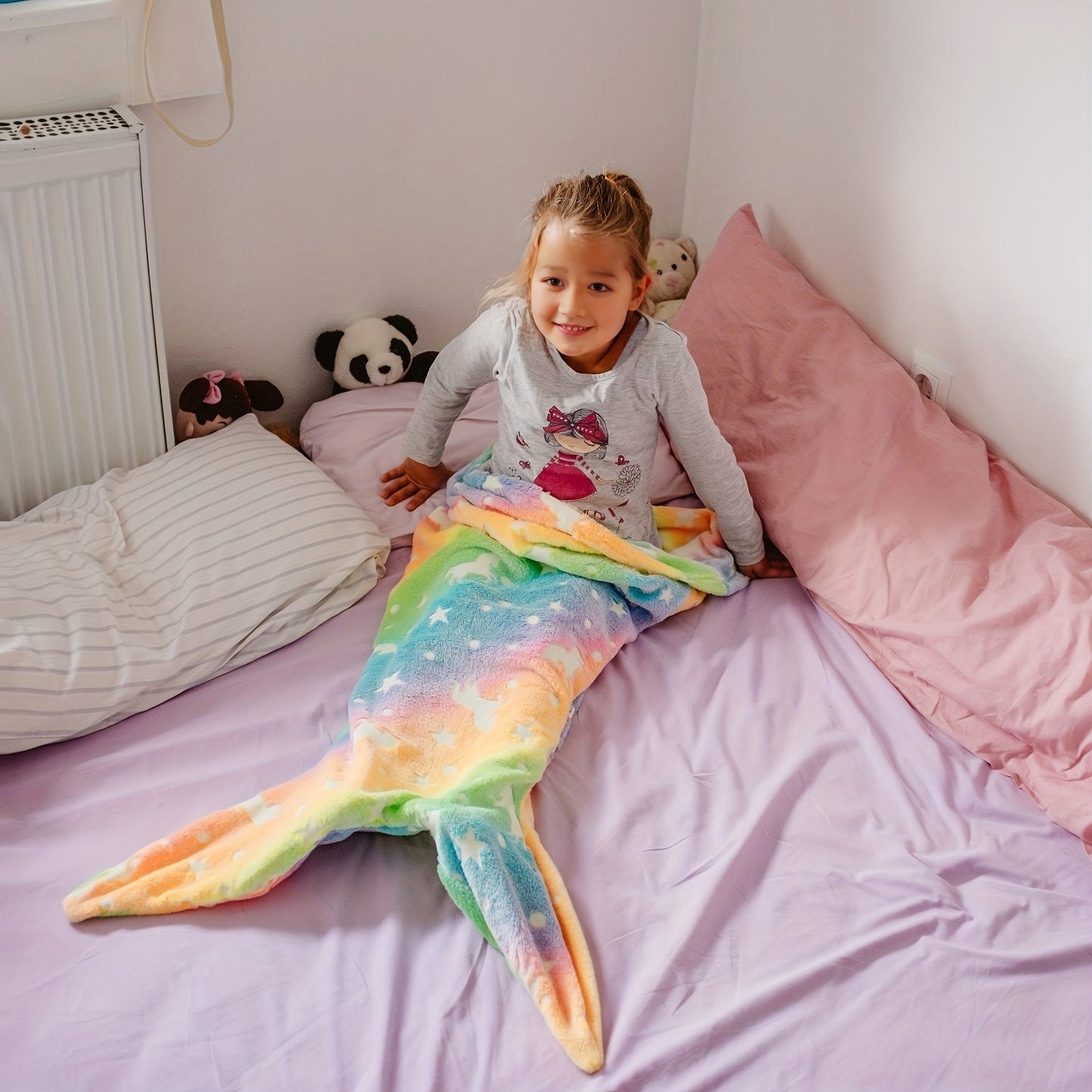 Soft Flannel Rainbow Blanket for Cozy Bedtime Comfort featuring a Glow-in-the-Dark Mermaid Starry Night Print.