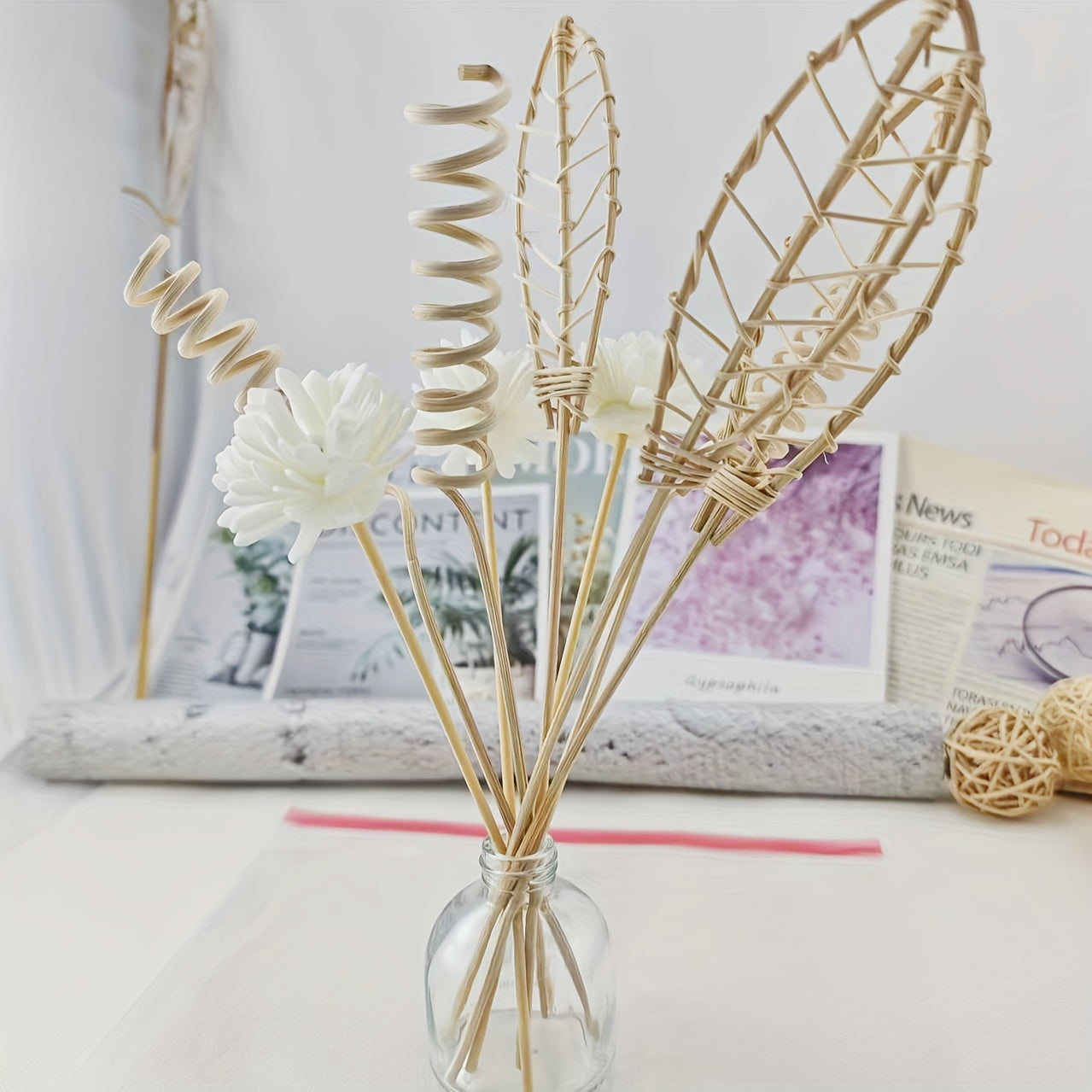 Decorative Reed Diffuser Set for Home or Office, Enhances Room Fragrance with Aromatherapy Oil Sticks and Log Material Flowers