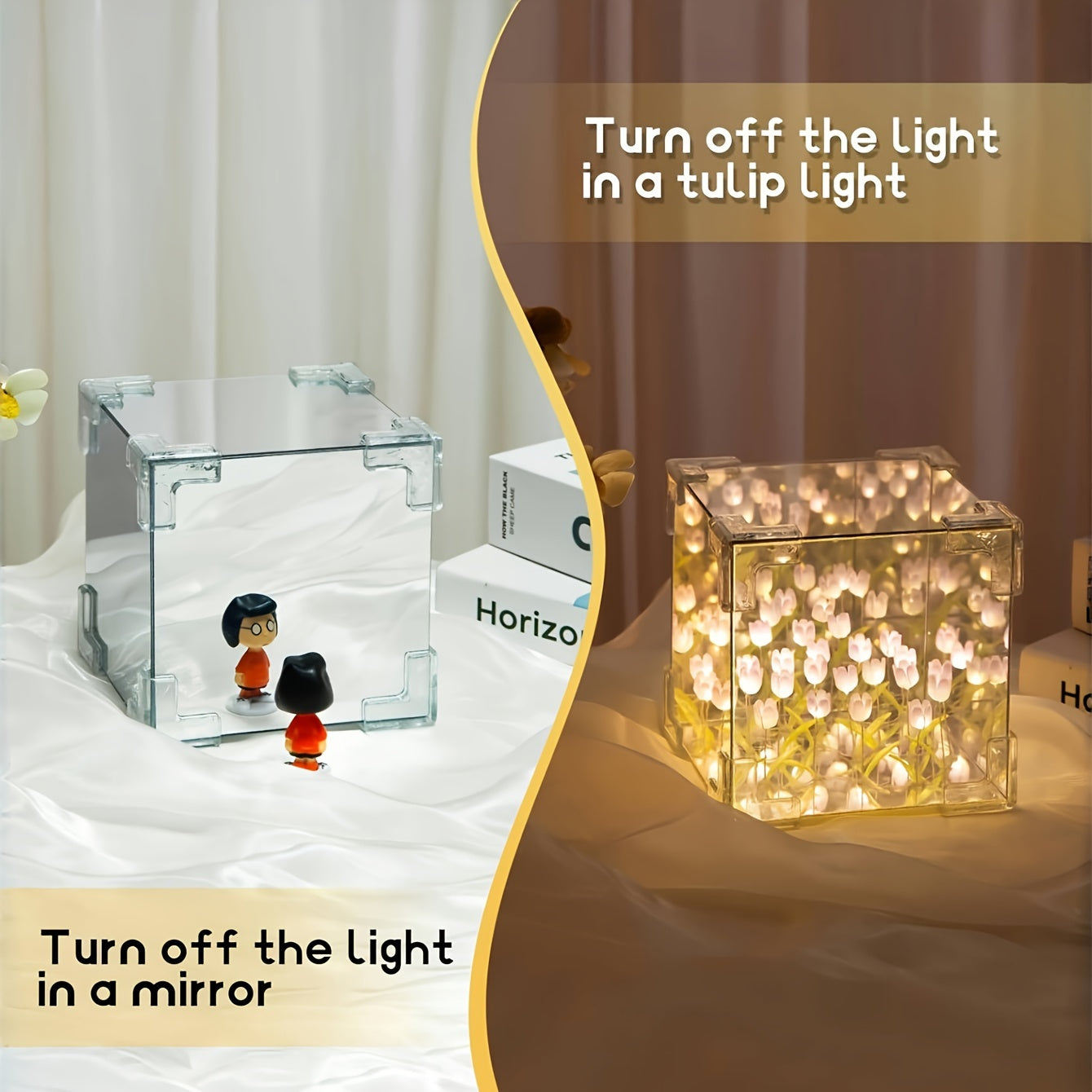 Tulip Mirror Night Light Kit: Modern Floral Cube Design, Battery-Powered for Bedroom, Living Room & Office Décor.