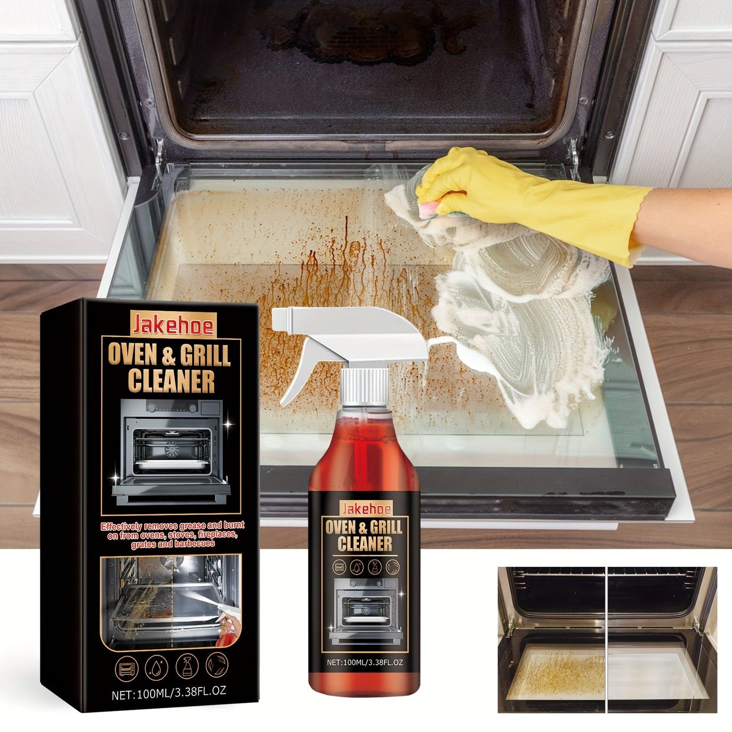 Jakehoe Oven & Grill Cleaner is a powerful citral-based liquid degreaser specifically designed for tackling kitchen stains. This residue-free formula is safe to use on linoleum surfaces and comes in a convenient 3.38 fl oz size.