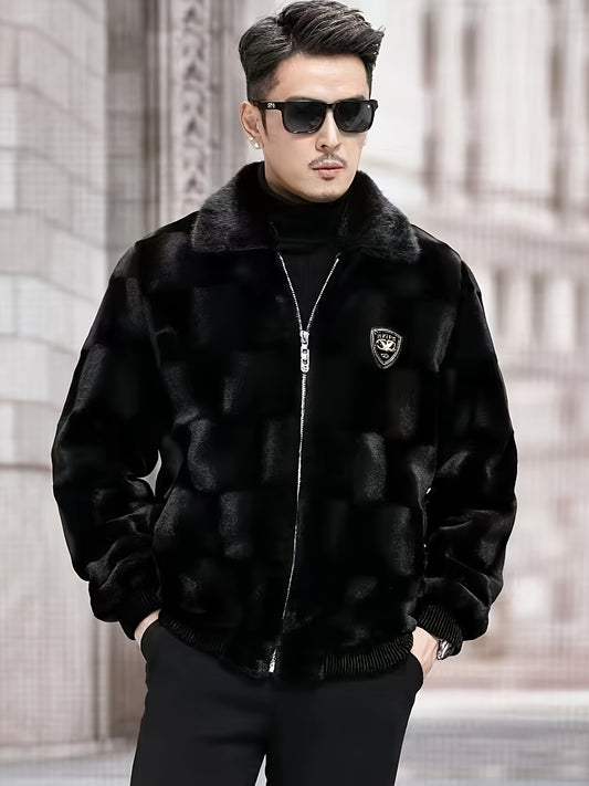 Men's casual faux mink fur jacket with solid color lapel collar, zipper closure, long sleeves, lined, non-stretch woven fabric, and regular fit skinny style for winter.