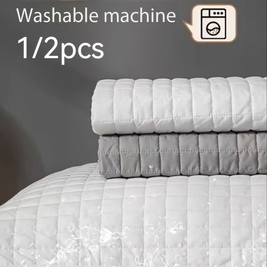 Two solid color pillowcases - dustproof, stain-resistant, waterproof, machine washable, suitable for all seasons, fits most bed sizes, ideal for bedrooms, guest rooms, and hotels, no pillow inserts needed. Available in gray, white, and purple.