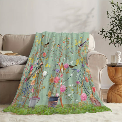 1-piece Creative Flower and Bird Patterned Flannel Blanket, Cozy and Soft Sofa Throw Blanket suitable for All Seasons, Perfect for Office, Bed, or Travel