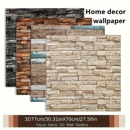 10pcs self-adhesive PVC wallpaper 3D brick wall stickers measuring 70cm X 77cm for DIY home decor in bedroom and bathroom.