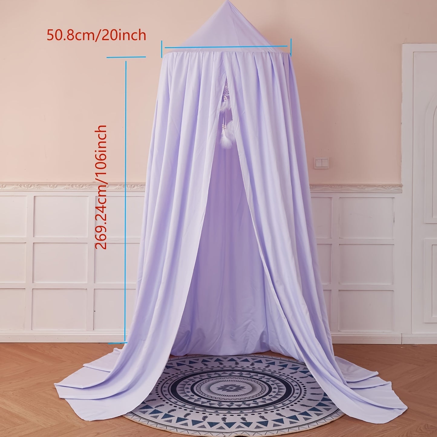 Princess style kids bed canopy made of soft polyester fabric, machine washable, dreamy mosquito netting. Perfect for a contemporary reading nook tent in a girls room. Indoor use, 100-120 gsm.