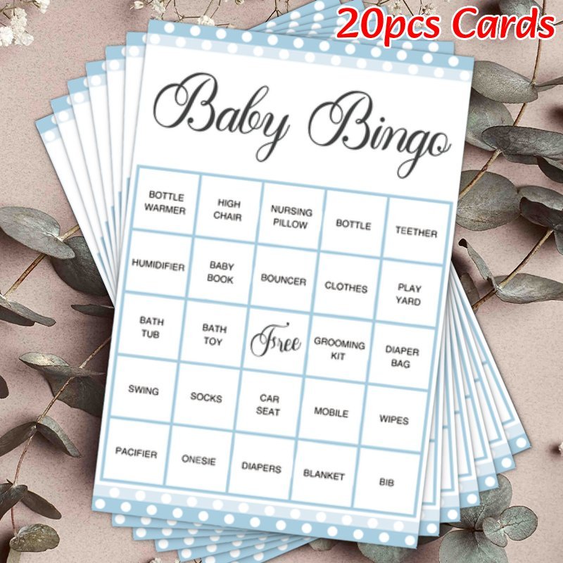 20 pack of blue polka dot design baby shower bingo game cards - a fun and interactive activity for family and friends. Perfect for celebrating with your loved ones, these English language party supplies are sure to make the baby shower a memorable event.