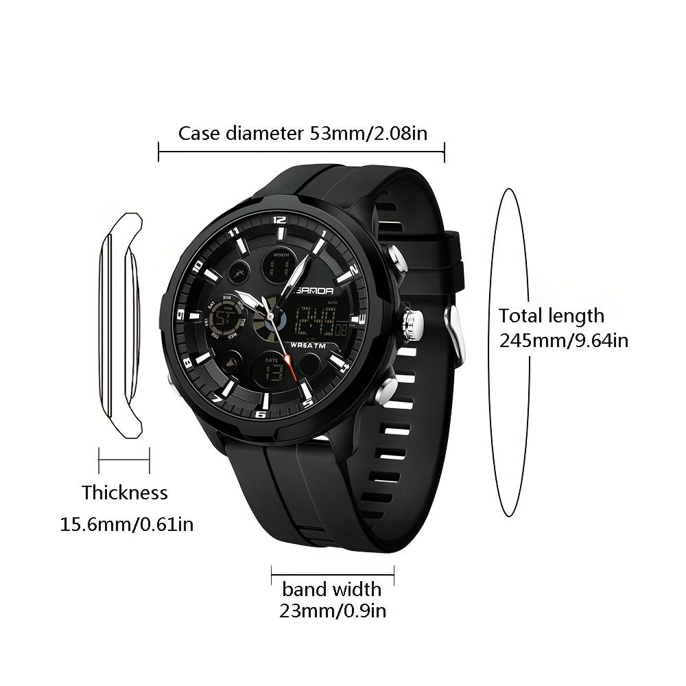 The SANDA Men's Sports Watch is a multifunctional chronograph quartz timepiece that is water-resistant up to 5ATM. Featuring a date display, round zinc alloy case, and silica gel strap, this watch is powered by an electronic drive and a non-rechargeable