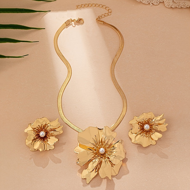 This exquisite 2-piece jewelry set exudes classic European sophistication. Featuring a luxurious golden metal flower pendant on a delicate snake chain necklace, paired with matching earrings, these elegant accessories are ideal for women seeking a touch