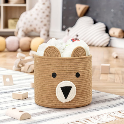 Durable Large Bear-Face Woven Toy Basket in Neutral Brown - Perfect for Clothes & Toy Storage in Nursery and Living Room