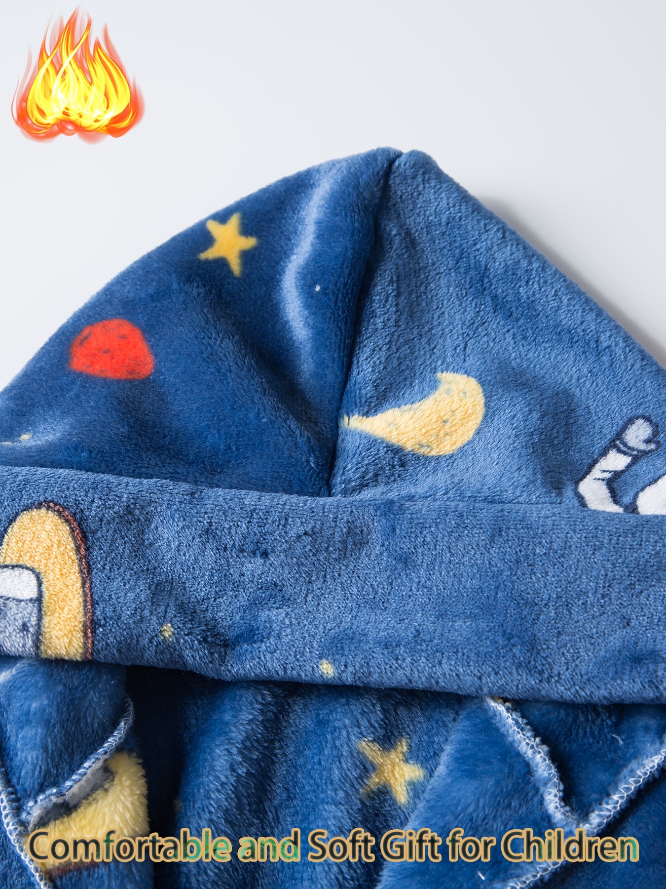 Soft and warm children's space-themed flannel bathrobe with astronaut and planets design, hood, and pockets. Ideal for ages 2-11, fire-resistant material perfect for young space