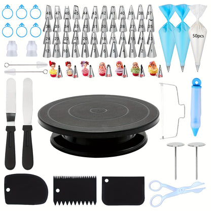 128-piece cake decorating kit with pink turntable, stainless steel piping tips, reusable and disposable pastry bags, silicone spatula, cream scrapers, flower nails, scissors, and pen. Ideal