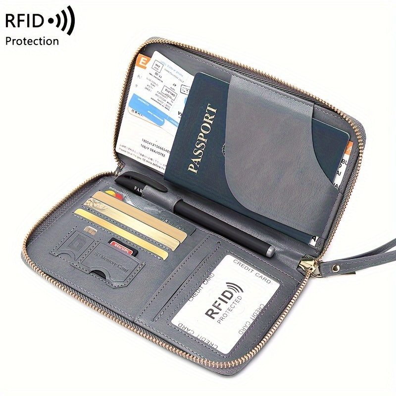 Brown PU travel wallet with RFID blocking for passports, cards, tickets, and IDs. Zipper closure and wrist strap, compact design with multiple compartments for secure organization.