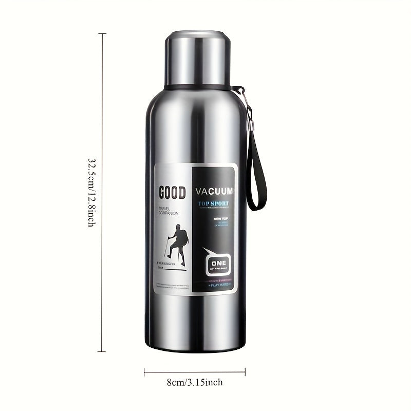 Large capacity stainless steel water bottle with handle, leak-proof, reusable, hand wash only, travel-friendly, no electricity needed, includes lid. Ideal for outdoor sports.