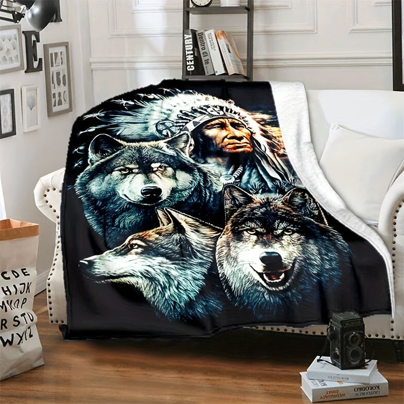 1 piece of retro Indian and wolf pattern printed blankets, with flange detail and made from soft, warm fabric perfect for using on sofas, in offices, or on beds while camping. These blankets are versatile and can be used as NAP blankets, making them a