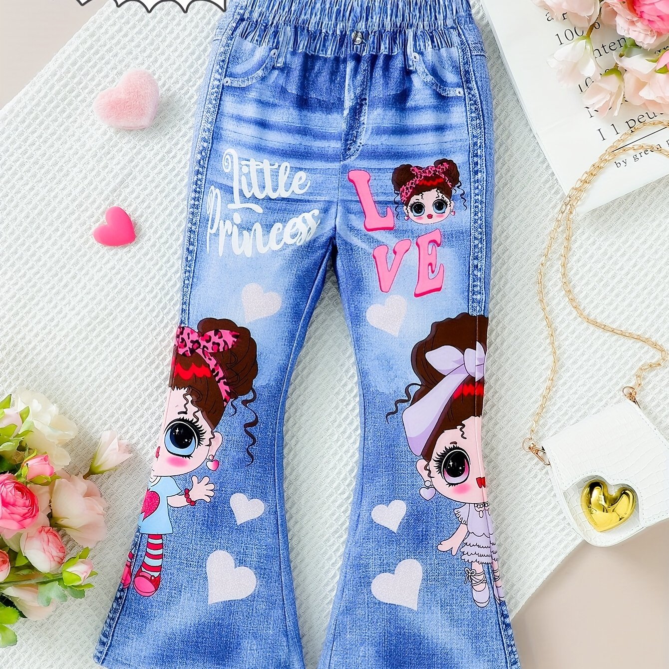 Imitation denim print flare pants with cartoon girl graphic, faux pockets for party gift.