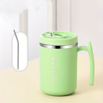 Stylish stainless steel coffee mug with straw, handle, perfect for office, reading, camping. Available in orange, light blue, cream, ideal for drinking coffee or tea.