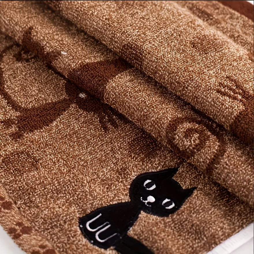 Soft, absorbent Cute Cat Pattern Velvet Hand Towel with Hanging Loop, perfect for kitchen, bathroom, or home decor. Available in Red, Blue, or Beige. Great gift idea with plush texture.