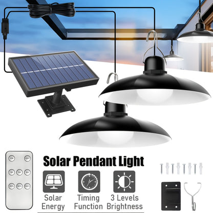 Solar one-for-two chandelier with 3 modes and adjustable angle. Suitable for indoor or outdoor use in barns, gazebos, and patios.