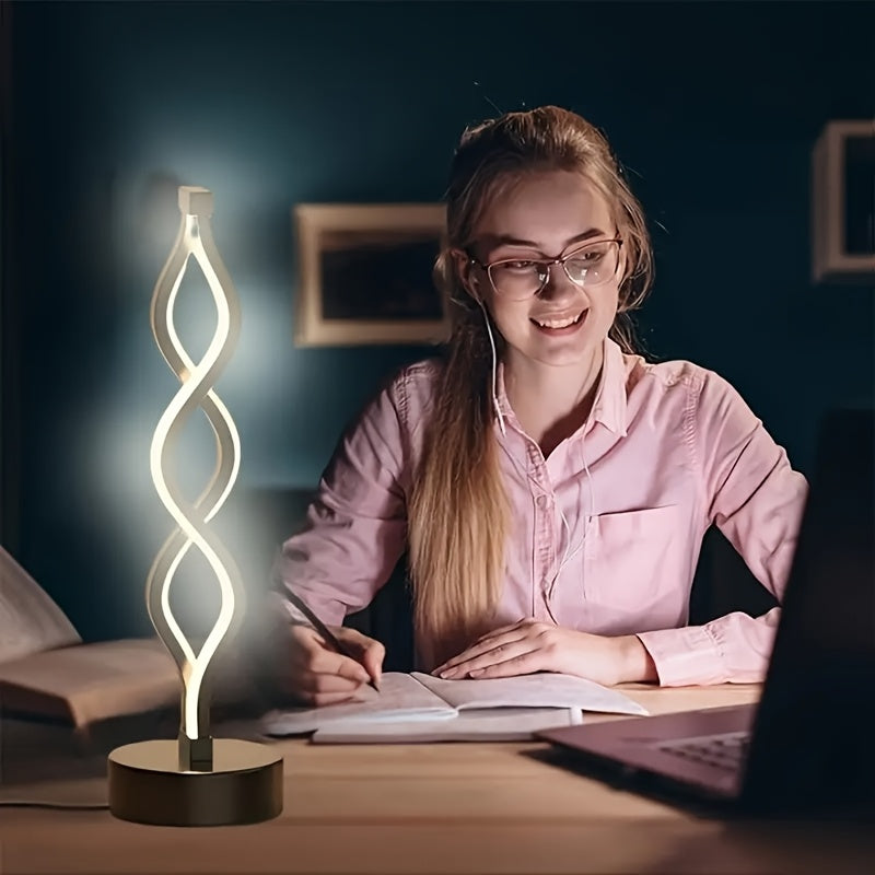 Set of 2 Color Changing Spiral LED Table Lamps with modern design, adjustable color, USB powered, no battery required. Ideal for bedroom, living room, bathroom, fantasy themed home decor.