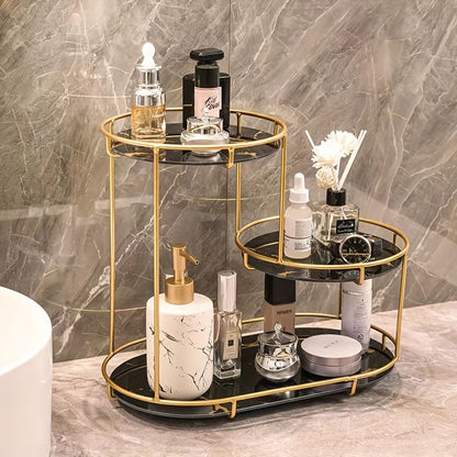 Sleek metallic bathroom organizer: no installation, polished, fragrance-free, and lightweight.