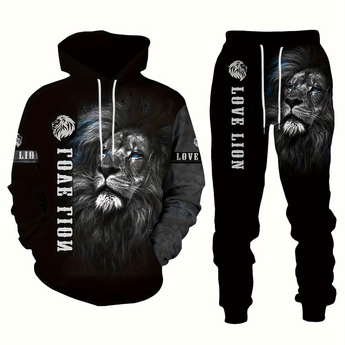 Men's plus size lion print 3D hooded sweatshirt and sweatpants set for autumn/winter.