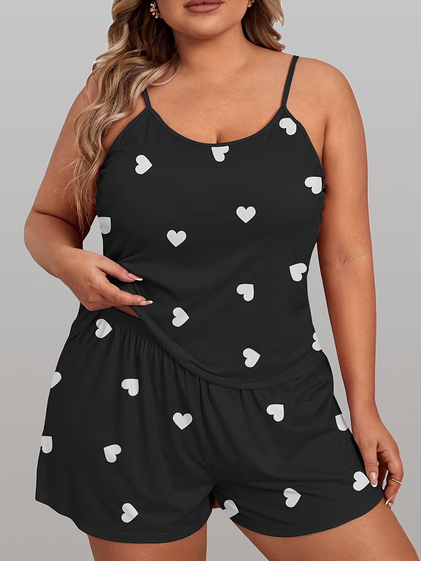 Plus size women's heart print pajama set with cami top and shorts