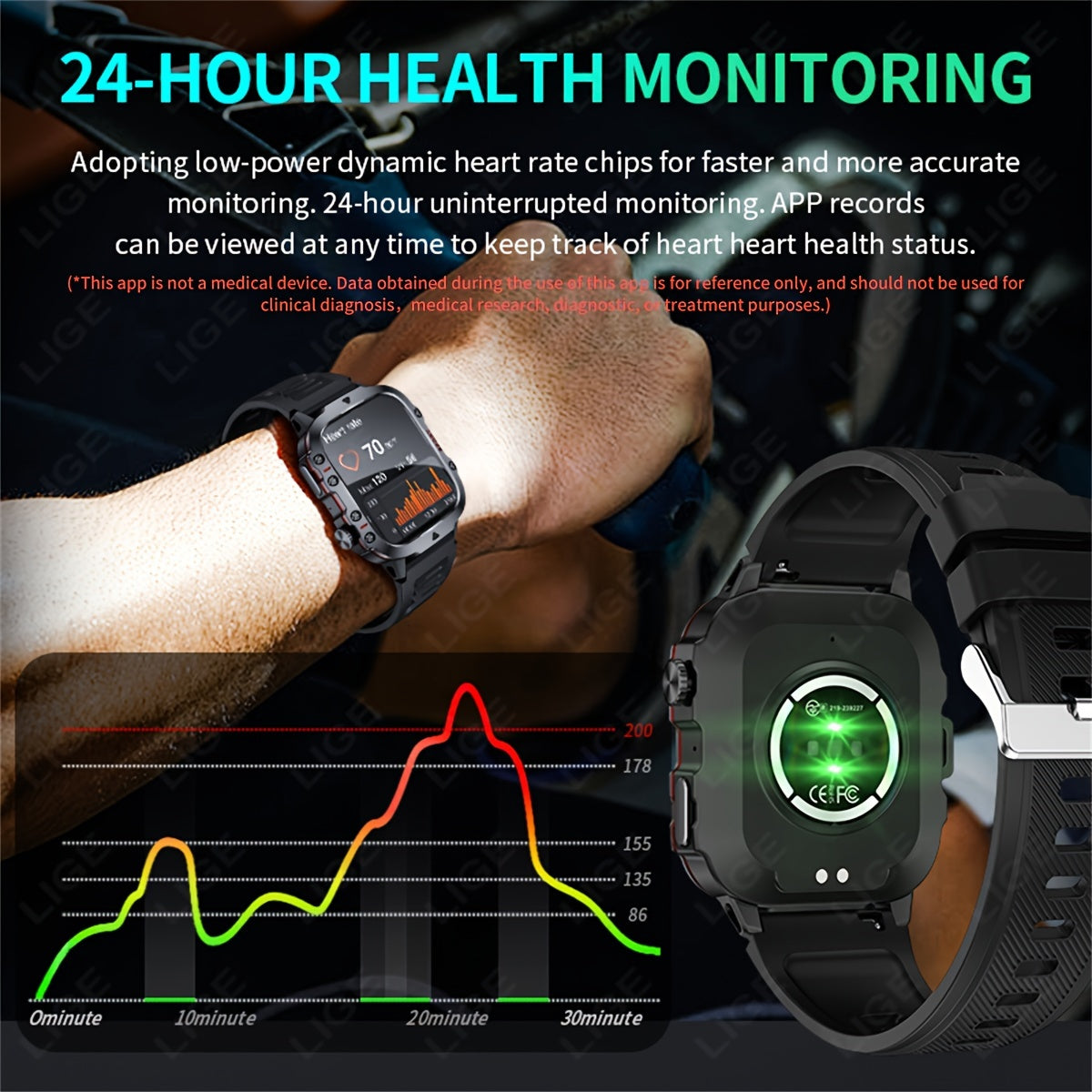 Large-screen smart watch with a 4.98 cm display, a powerful 420mAh battery for extended use, wireless calling capabilities, voice assistant, over 100 sports modes, weather updates, sleep tracking, sedentary reminders, remote camera control, and a