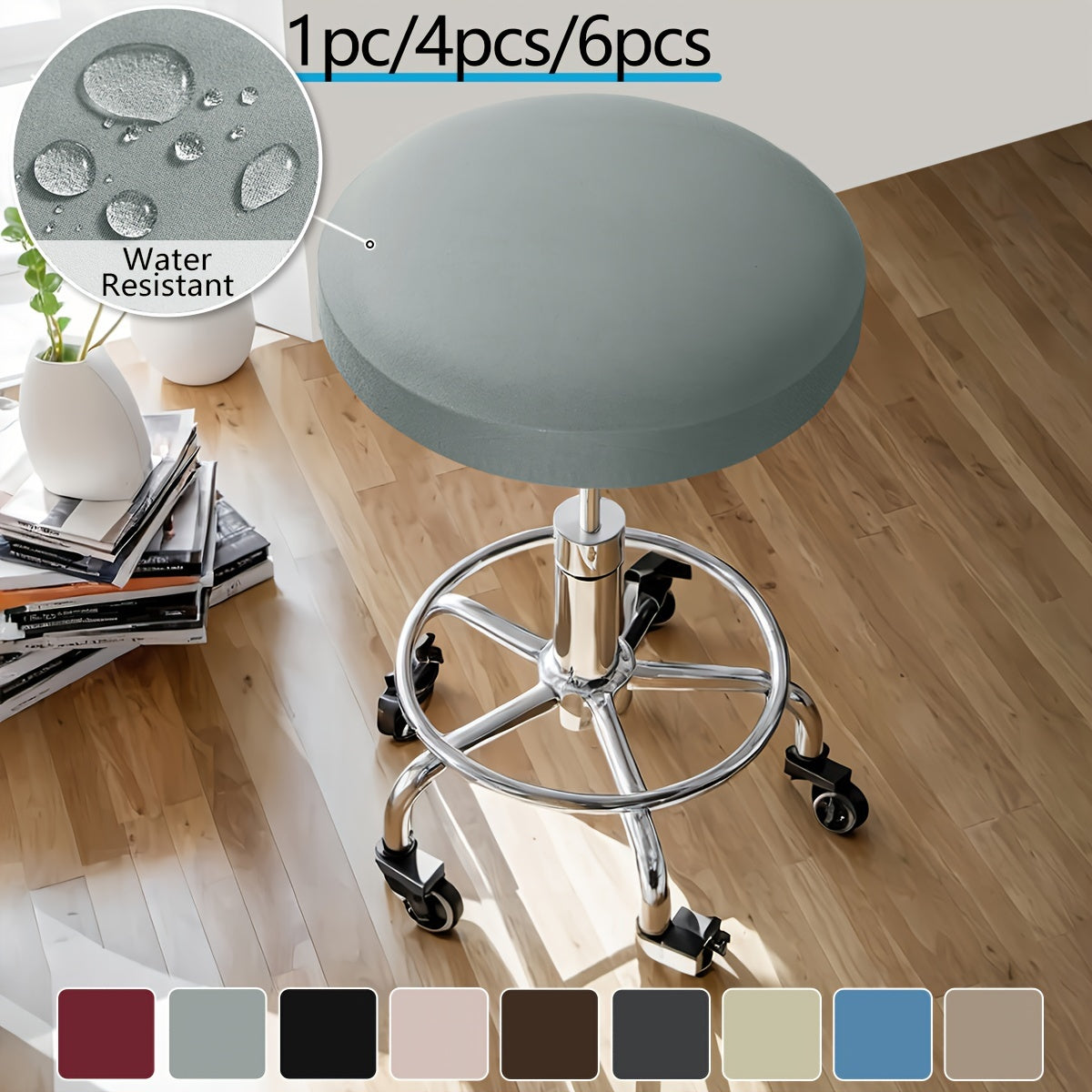 Classic solid color round stool cover in 1pc, 4pcs, or 6pcs options. Made of high elastic material that is clear and natural, dustproof, soft, and adhesive. Suitable for various round chairs. Weighs 120gsm.