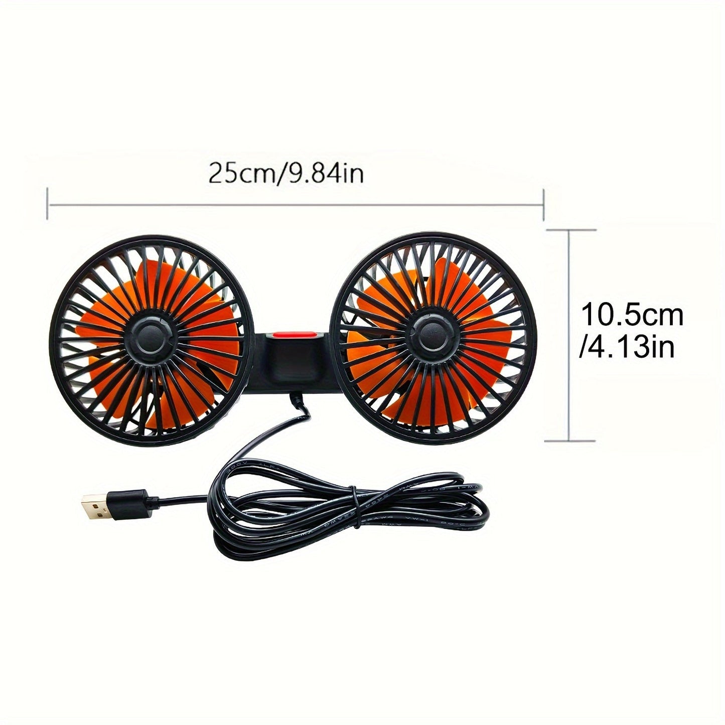 This car fan features dual-head rear fans that provide powerful airflow with 3-speed settings and 5 blades. It has an adjustable angle with 360-degree rotation for high air volume and low noise operation. The fan effectively promotes air circulation